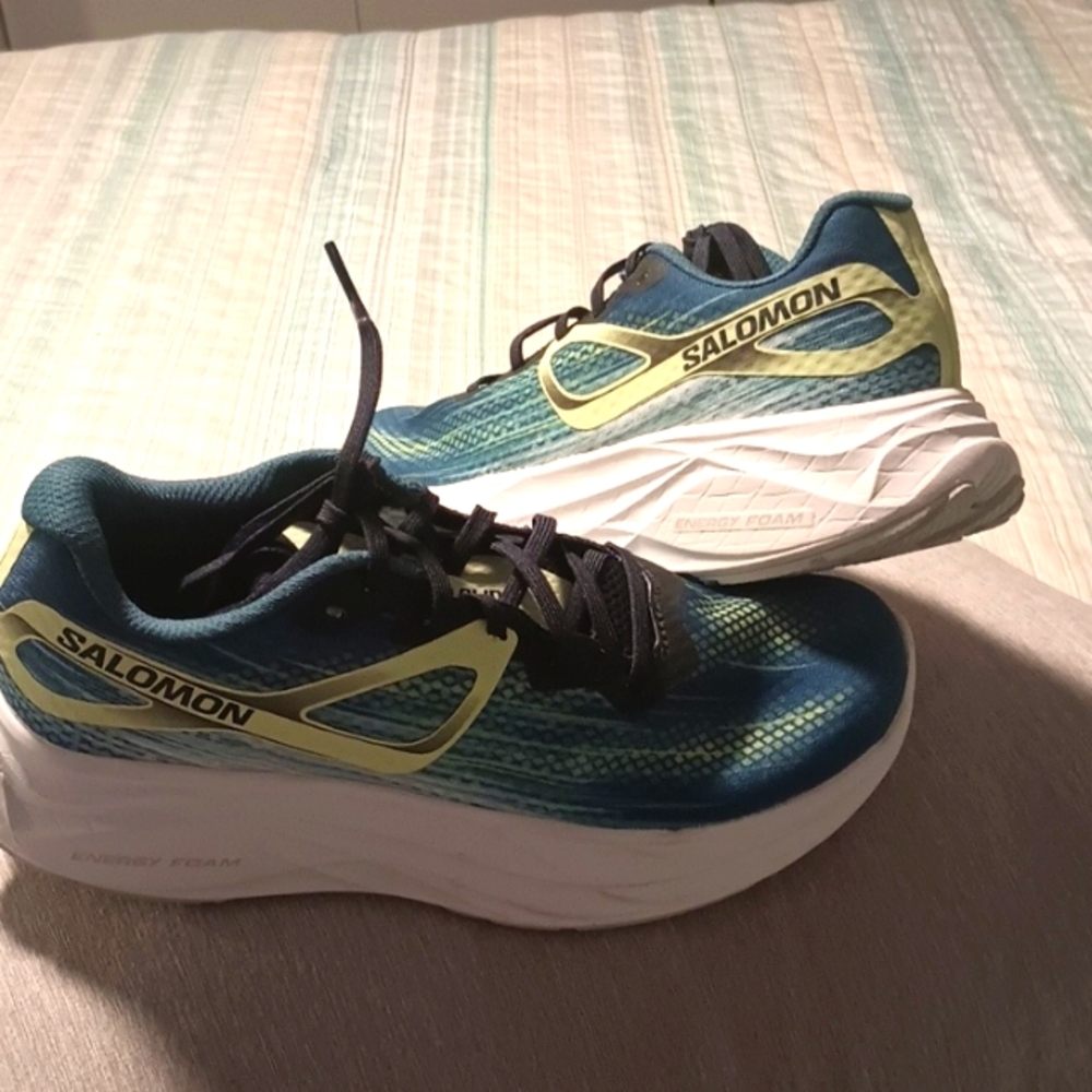Salomon running shoes. Gray, blue, neon yellow.